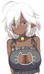  1girl ahoge bare_shoulders bell bell_choker blush breasts cat_cutout cat_lingerie choker cleavage cleavage_cutout collarbone dark_skin heterochromia large_breasts looking_at_viewer malice_stella meme_attire original pointy_ears red_eyes short_hair simple_background sketch solo upper_body white_background white_hair yellow_eyes 