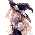  1girl arm_belt arm_up bare_arms black_hat blonde_hair bow dated hair_bow hat hat_bow iijima_masashi kirisame_marisa long_hair profile puffy_short_sleeves puffy_sleeves short_sleeves simple_background solo touhou vest wavy_hair white_background white_bow witch_hat yellow_eyes 