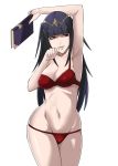  1girl arm_up armpits bikini black_hair breasts cape cleavage fire_emblem fire_emblem:_kakusei fire_emblem_heroes highres j@ck long_hair medium_breasts navel parted_lips smile solo standing swimsuit tharja tiara two_side_up violet_eyes 
