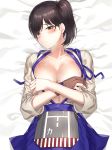  1girl bangs blue_hakama blush breasts brown_eyes brown_hair commentary_request covering covering_breasts crossed_arms gloves hakama japanese_clothes kaga_(kantai_collection) kantai_collection kfr large_breasts long_sleeves looking_at_viewer on_bed open_clothes partly_fingerless_gloves revision short_hair side_ponytail single_glove solo sweat tasuki yugake 