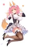  1girl :p \n/ absurdres black_panties black_skirt blush double_\n/ elbow_gloves enosan fate/extra fate_(series) frilled_skirt frills full_body gloves high-waist_skirt high_heels highres jumping long_hair looking_at_viewer maid_headdress panties pink_hair skirt solo tamamo_(fate)_(all) tamamo_no_mae_(fate) tongue tongue_out underwear upskirt yellow_eyes 