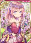  1girl age_regression akkijin butterfly card_(medium) dress flower garden head_wreath pink_dress pink_eyes pink_hair princess shinkai_no_valkyrie solo younger 