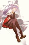  1girl ajax_(azur_lane) azur_lane beret bow bowtie cannon capelet chin_rest collar detached_sleeves elbow_on_knee full_body hat highres lavender_hair loafers looking_at_viewer one_side_up pantyhose red_eyes rigging shoes simple_background sketch skirt smile so-bin solo thighband_pantyhose 