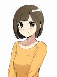  1girl arms_at_sides asymmetrical_bangs bangs blush breasts brown_hair closed_mouth commentary_request eyebrows_visible_through_hair kawai_makoto long_sleeves looking_at_viewer medium_breasts orange_shirt shiny shiny_hair shirt short_hair simple_background smile solo white_background 