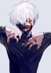  1boy arms_up artist_name black_sweater blood blood_on_face bloody_hands clenched_teeth eyebrows_visible_through_hair kaneki_ken long_sleeves looking_at_viewer male_focus mask one_eye_covered red_eyes shiny shiny_hair silver_hair solo sukja sweater teeth tokyo_ghoul tsurime upper_body zipper 