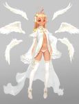  1girl ahoge angel_wings black_legwear closed_mouth commentary_request dark_skin detached_wings dress expressionless frilled_sleeves frills full_body gradient gradient_background grey_background hair_between_eyes hands_in_sleeves high_heels long_hair long_sleeves looking_at_viewer micro_panties navel neck_ribbon no_bra open_clothes open_dress orange_hair original panties red_eyes ribbon shoes shuichi_wada simple_background solo standing thigh-highs underwear very_long_hair white_dress white_ribbon white_shoes wings 