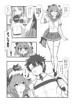 2boys bow braid controller fang fate/apocrypha fate/grand_order fate_(series) fujimaru_ritsuka_(male) game_controller hair_bow loafers midriff monochrome multiple_boys one_eye_closed open_mouth rider_of_black school_uniform serafuku shoes skirt stheno thigh-highs translation_request v vr_visor yapo_(croquis_side) 