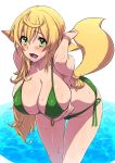  1girl ahoge angelo_(gomahangetsu) animal_ears bare_shoulders bikini blonde_hair blush bracelet breasts cleavage commentary_request eyebrows_visible_through_hair eyelashes green_bikini green_eyes hair_between_eyes hanging_breasts highres jewelry large_breasts leaning_forward legs_together long_hair looking_at_viewer open_mouth original shiny shiny_hair shiny_skin side-tie_bikini solo standing swimsuit tail teeth thigh_gap thighs water wet 