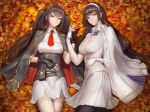  2girls absurdres bangs black_gloves black_hair black_legwear breasts brown_eyes closed_mouth coat eyebrows_visible_through_hair fingerless_gloves girls_frontline gloves hairband hand_holding highres interlocked_fingers jacket jacket_on_shoulders large_breasts leaf long_hair looking_at_viewer maple_leaf monaim multiple_girls pantyhose pleated_skirt pouch qbz-95_(girls_frontline) qbz-97_(girls_frontline) sidelocks skirt smile thighband_pantyhose twintails white_gloves white_legwear white_skirt 