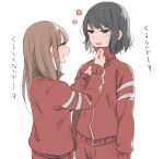  2girls :d black_hair brown_hair commentary_request flower from_side japanese long_hair monsieur multiple_girls open_mouth original profile short_hair simple_background smile track_suit translated white_background yuri zipping 