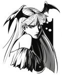  1girl bangs bare_shoulders bat_wings breasts commentary_request cropped_torso from_side greyscale head_wings large_breasts long_hair looking_at_viewer looking_to_the_side monochrome morrigan_aensland parted_lips shuichi_wada slit_pupils solo vampire_(game) wings 