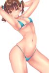  1girl arms_up bangs bikini blue_bikini blush breasts brown_eyes brown_hair closed_mouth collarbone eyebrows_visible_through_hair kyara36 looking_at_viewer micro_bikini navel original simple_background small_breasts smile solo swimsuit thighs twintails white_background 