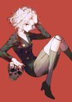  1girl animal_ears black_jacket blood blood_stain bloody_clothes cat_ears closed_mouth collarbone doll_joints flat_chest from_side hunter_x_hunter jacket knees_together_feet_apart looking_at_viewer looking_to_the_side neferpitou ribbed_legwear short_hair skull socks solo sukja 