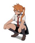 1girl bike_shorts boku_no_hero_academia frown full_body green_eyes hair_over_shoulder kendou_itsuka kneehighs loafers long_hair looking_at_viewer necktie orange_hair pleated_skirt ponytail school_uniform shoes side_ponytail simple_background skirt solo squatting strawberryjamm u.a._school_uniform white_background 