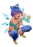  1girl :o alternate_breast_size argyle argyle_legwear bangs bare_shoulders between_fingers between_legs blue_eyes blue_hair blue_legwear blue_nails bow bracelet breasts cigarette cirno cleavage commentary_request earrings eyebrows_visible_through_hair fairy_wings fingernails full_body green_shoes gyaru hair_between_eyes hair_bow hand_between_legs hand_up high_heels ice ice_wings jewelry large_breasts long_fingernails long_sleeves long_toenails looking_up medium_breasts micro_bikini_top microskirt mizuryuu_kei nail_polish necklace off-shoulder_shirt older open_mouth open_toe_shoes purple_skirt shiny shiny_skin shirt shoes short_hair simple_background skirt solo squatting thigh-highs toenail_polish toenails toes touhou white_background wings yellow_bikini_top 