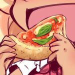  1girl ^_^ blonde_hair blush close-up closed_eyes eating fang food happy heart muuba pizza rumia short_hair solo tan touhou 