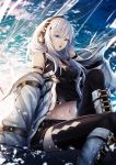  1girl bare_shoulders black_legwear blue_eyes breasts clouds cloudy_sky commentary_request detached_sleeves headphones highres long_hair medium_breasts navel open_mouth original sky solo sugi_214 thigh-highs white_hair wind 