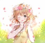  1girl :d b_rock bangs blush braid brown_hair collared_shirt commentary eyebrows_visible_through_hair flower green_ribbon grey_eyes hair_between_eyes hair_flower hair_ornament hand_on_own_face hand_up head_wreath long_sleeves looking_at_viewer one_eye_closed open_mouth original petals ribbon rose shirt smile solo vest white_shirt yellow_vest 