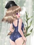  1girl alternate_costume ass bangs black_hat blunt_bangs blush breasts brown_hair from_behind hat long_hair looking_at_viewer looking_back myouga_(plant) nishida_satono open_mouth pink_eyes pointy_ears school_swimsuit sidelocks small_breasts smile solo standing swimsuit tate_eboshi touhou winn 
