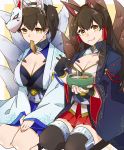 2girls akagi_(azur_lane) akagi_(azur_lane)_(cosplay) akagi_(kantai_collection) alternate_costume animal_ears azur_lane black_gloves black_hair bowl breasts brown_eyes brown_hair cleavage collar collarbone commentary_request cosplay eating eyebrows_visible_through_hair food food_in_mouth food_on_face fox_ears fox_mask fox_tail gloves gradient_hair hair_between_eyes hair_tubes hands_on_own_thighs highres holding holding_bowl holding_chopsticks inarizushi japanese_clothes kaga_(azur_lane) kaga_(azur_lane)_(cosplay) kaga_(kantai_collection) kantai_collection kikumon kimono large_breasts long_hair long_sleeves looking_at_viewer mask mask_on_head multicolored_hair multiple_girls namesake pleated_skirt ribbon-trimmed_sleeves ribbon_trim seiza side_ponytail sidelocks sitting skirt smile straight_hair sushi tail thigh-highs twitter_username white_border wide_sleeves