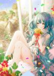  1girl aqua_eyes aqua_hair butakimuchi flower hatsune_miku long_hair open_mouth sitting skirt solo twintails very_long_hair vocaloid window 