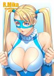  1girl blonde_hair blue_eyes breasts character_name cleavage cleavage_cutout domino_mask heart_cutout ken19941028 large_breasts long_hair looking_at_viewer mask parted_lips rainbow_mika solo street_fighter twintails upper_body very_long_hair wrestling_outfit 