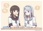  ! 2girls anchor_symbol black_hair black_sailor_collar bullet drum_(container) eraser fubuki_(kantai_collection) hairband hammer kantai_collection long_hair low_ponytail multiple_girls mumyoudou nail pencil_case ponytail purple_hairband remodel_(kantai_collection) sagiri_(kantai_collection) school_uniform serafuku short_ponytail sidelocks silver_hair speech_bubble spoken_exclamation_mark upper_body violet_eyes 