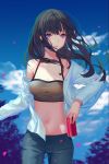  1girl bangs bare_shoulders black_hair blurry blurry_background breasts can clouds cloudy_sky cowboy_shot denim holding jeans lloule long_hair looking_at_viewer midriff off_shoulder original outdoors pants parted_lips petals shadow shirt sky small_breasts smile solo standing tagme tree violet_eyes white_shirt wind 