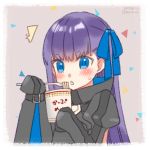  1girl :&lt; bangs blue_eyes blue_ribbon blush brown_background confetti dated eating fate/extra fate/extra_ccc fate_(series) food hair_ribbon hands_in_sleeves juliet_sleeves koruri long_hair long_sleeves meltlilith noodles parted_lips puffy_sleeves purple_hair ramen ramen ribbon signature simple_background solo sweat tareme triangle_mouth upper_body 