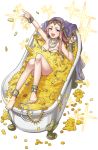  1girl :d anklet arm_up bangle barefoot bathtub beads blush bracelet breasts brown_hair cleavage cleopatra_the_8th coin crown eyeshadow feet full_body gem goblet gold_bar hair_beads hair_ornament highres jewelry long_hair looking_at_viewer lying makeup necklace necklace_removed official_art open_mouth pearl_necklace princess_principal princess_principal_game_of_mission ring smile solo sparkle toes transparent_background 