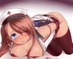  1girl arms_behind_back ass blue_eyes blush bound bound_wrists breasts brown_hair cleavage commentary_request elbow_gloves gloves hair_between_eyes hat long_hair looking_at_viewer lying medium_breasts neit_ni_sei nurse_cap on_bed on_stomach one_eye_closed original panties parted_lips red_legwear red_panties sidelocks skirt smile solo sweat thigh-highs underwear 