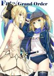  2girls ahoge arm_up artoria_pendragon_(all) baseball_cap black_bow blonde_hair blue_eyes blue_legwear blue_scarf blush bow breasts buruma closed_mouth copyright_name dress excalibur fate/grand_order fate/stay_night fate_(series) flower green_eyes gym_uniform hair_bow hat highres holding holding_sword holding_weapon large_breasts legs_apart lily_(flower) long_hair multiple_girls mysterious_heroine_x name_tag open-back_dress open_track_jacket parted_lips ponytail rojiura_satsuki:_chapter_heroine_sanctuary saber_lily scarf sideboob sidelocks sky_(freedom) smile sword thigh-highs thighs weapon white_flower 