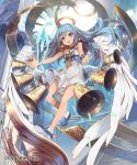  10s 1girl :d bell_earrings bellringer_angel belt blue_eyes blue_footwear blue_hair clouds crystal day dress earrings full_body hair_ornament hairclip halo jewelry official_art open_mouth outdoors shadowverse shinbasaki shingeki_no_bahamut shoes smile solo stairs sun watermark white_dress white_wings wings wristband 