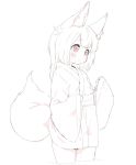  1girl animal_ears expressionless fox_ears fox_tail japanese_clothes kimono nezumi_inu original partially_submerged sash short_kimono simple_background sketch spot_color tail wet white_background wide_sleeves 