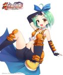  1girl arm_support arm_up armor armpits bike_shorts black_gloves black_legwear bow breastplate brown_eyes elbow_gloves fingerless_gloves gloves green_hair hand_on_own_head highres kantaka kneehighs koihime_musou leaning_back midriff navel official_art open_mouth ribbon shoes short_hair shorts sitting smile solo spread_legs ten&#039;i waist_cape 