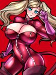  10s 1girl bangs blonde_hair blue_eyes boots breasts cleavage cleavage_cutout eyebrows_visible_through_hair full full-length_zipper gloves hair_ornament large_breasts long_hair looking_at_viewer glasses_man open_mouth persona persona_5 smile solo takamaki_anne twintails whip zipper 