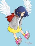  1girl angel_wings backpack bag blue_background blue_eyes blue_hair child closed_mouth commentary_request dated full_body grey_hoodie hair_ornament hairclip hands_in_pockets highres hood hoodie long_sleeves looking_at_viewer pink_shoes randoseru sako_(user_ndpz5754) shirt shoes signature simple_background skirt smile socks solo white_shirt wings yellow_legwear yellow_skirt 