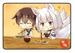  2girls ^_^ animal_ears artist_name blue_eyes brown_eyes brown_hair chopsticks closed_eyes eating food fox_ears fox_tail hair_between_eyes holding_chopsticks japanese_clothes kaga_(azur_lane) kaga_(kantai_collection) kantai_collection multiple_girls short_hair side_ponytail smile sparkle tail taisa_(kari) tasuki white_hair 