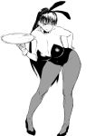  1girl animal_ears bare_shoulders black_hair breasts bunnysuit cleavage large_breasts leaning_forward long_hair monochrome obmas_(pfeito) original pantyhose rabbit_ears sketch tray 