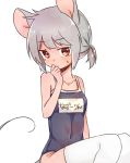  1girl abe_suke alternate_hairstyle animal_ears bangs bare_arms blush brown_eyes closed_mouth covered_navel eyebrows_visible_through_hair grey_hair hand_to_own_mouth hand_up highres looking_at_viewer mouse_ears mouse_tail name_tag nazrin one-piece_swimsuit short_hair short_ponytail simple_background sitting solo sweat swimsuit tail thigh-highs touhou white_background white_legwear 