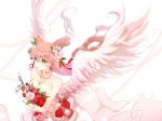  10s 1girl angel_wings aqua_eyes bouquet breasts cleavage dress flower hair_between_eyes hair_flower hair_ornament jewelry lips long_hair maria_cadenzavna_eve necklace pink_rose red_rose ring rose senki_zesshou_symphogear solo sy_(0103029) very_long_hair wedding_band wedding_dress white_dress white_rose wings 