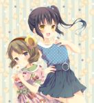  2girls alternate_hairstyle brown_hair dress flower green_hair hair_bobbles hair_flower hair_ornament hairband hand_on_hip hand_on_own_chest highres hinako_note kuroyanagi_ruriko march-bunny multiple_girls nakajima_yua polka_dot polka_dot_dress puffy_short_sleeves puffy_sleeves short_hair short_sleeves side_ponytail sidelocks skirt striped vertical-striped_background vertical_stripes yellow_eyes 