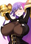  1girl armpits arms_up bangs belt belt_buckle blush bodysuit breasts buckle choker claws erect_nipples eyebrows_visible_through_hair fate/extra fate/extra_ccc fate_(series) hair_ribbon halterneck highres huge_breasts kawabata_yoshiro long_hair looking_at_viewer o-ring open_mouth passion_lip pink_eyes pink_ribbon purple_hair ribbon shoulder_cutout simple_background solo sweatdrop vambraces waist white_background 