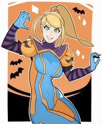  1girl blue_eyes halloween highres looking_at_viewer metroid navel ponytail samus_aran smile solo splashbrush zero_suit 