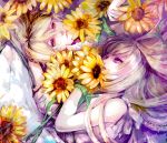  1boy 1girl blonde_hair brother_and_sister dress flower from_above fuwa_aika fuwa_mahiro hair_between_eyes ihiro long_hair lying on_side red_eyes siblings sleeveless sleeveless_dress sunflower very_long_hair violet_eyes white_dress yellow_flower zetsuen_no_tempest 
