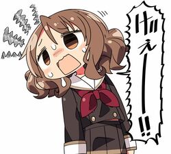  1girl blush brown_eyes brown_hair brown_jacket brown_skirt commentary_request cowboy_shot hibike!_euphonium jacket kanikama looking_away looking_to_the_side lowres neckerchief open_mouth oumae_kumiko pleated_skirt red_neckerchief sailor_collar school_uniform serafuku simple_background skirt solo standing sweatdrop translation_request white_background 