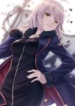  1girl ahoge bangs black_dress blurry breasts coat cowboy_shot depth_of_field dress eyebrows_visible_through_hair fate/grand_order fate_(series) flag fur_trim grey_hair half-closed_eye hand_on_hip hand_up highres hyuuga_azuri jeanne_alter large_breasts looking_at_viewer open_clothes open_coat parted_lips ruler_(fate/apocrypha) short_hair sidelocks solo standard_bearer uneven_eyes yellow_eyes 