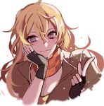  1girl bandanna blonde_hair breasts cleavage ecru fingerless_gloves gloves looking_at_viewer pointing pointing_at_viewer rwby violet_eyes yang_xiao_long 