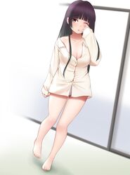  1girl bangs barefoot black_hair blunt_bangs blush breasts cleavage dutch_angle enma_ai feet full_body hime_cut jigoku_shoujo kozue_akari large_breasts long_hair one_eye_closed open_mouth panties pantyshot pantyshot_(standing) red_eyes shirt solo standing underwear white_shirt 