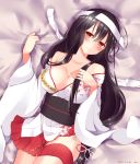  1girl 2015 absurdres bare_shoulders bed_sheet black_hair blush breasts cleavage collarbone dated fusou_(kantai_collection) hand_on_own_chest headband highres japanese_clothes jewelry kantai_collection large_breasts long_hair looking_at_viewer lying miko on_back on_bed open_clothes pleated_skirt red_eyes red_skirt remodel_(kantai_collection) ring saitu_miki skirt smile solo thigh_strap tied_hair wedding_band white_headband wide_sleeves 
